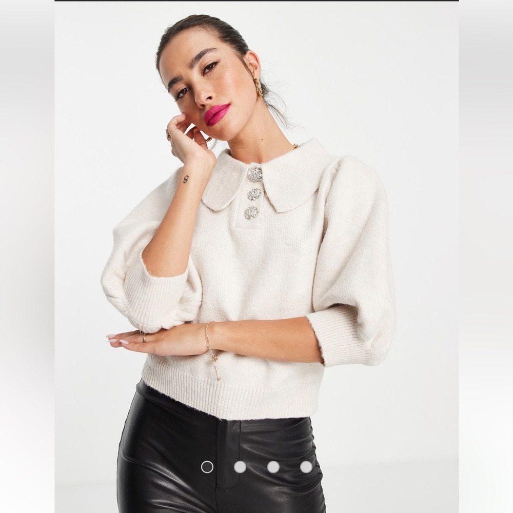 Fashion Union fluffy cropped knit with diamante buttons and collar ASOS